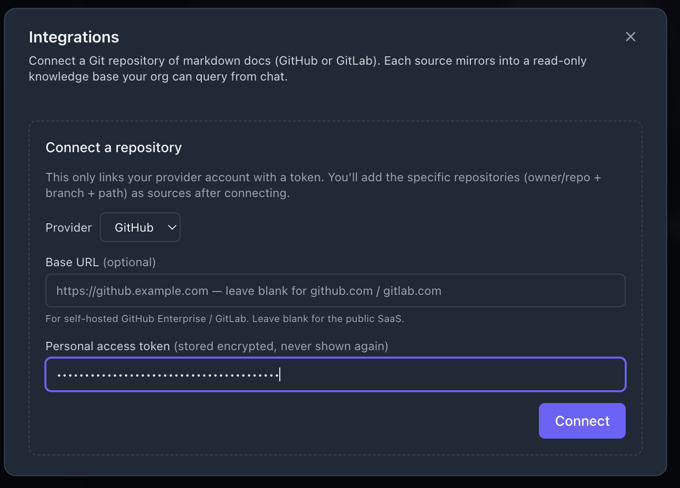 Conectar un repositorio: proveedor GitHub, Base URL y personal access token