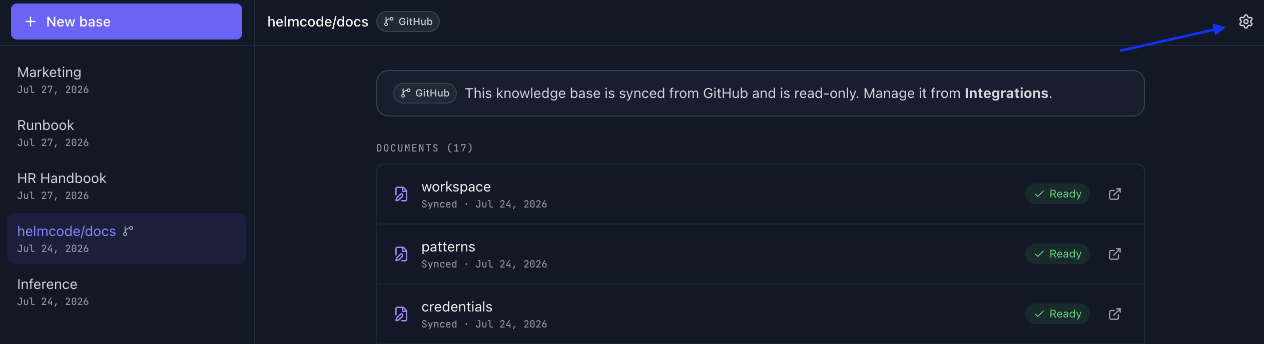 Base de conocimiento sincronizada desde GitHub, con acceso a los ajustes de Integrations