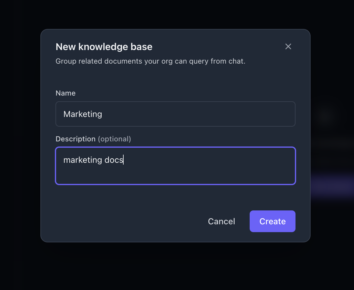 Modal de creación de una nueva base de conocimiento