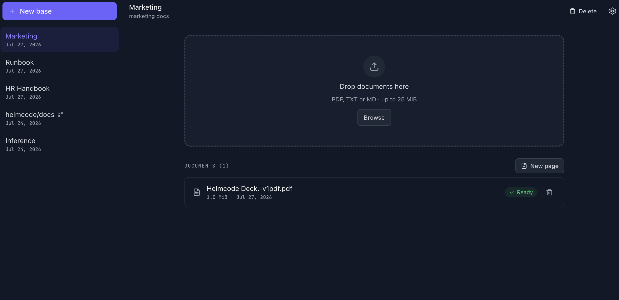 Base de conocimiento con un documento subido en estado Ready